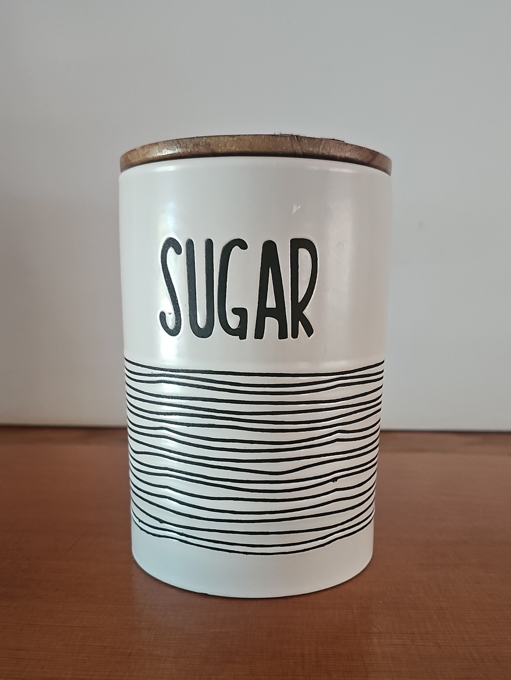 Home Essentials White Ceramic Sugar Jar with Black Script and Wood Lid